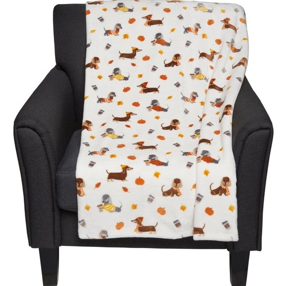 Dachshund Dog Throw Blanket MicroFleece Pumpkin Spice Coffee Sweater Fall Leaves - Picture 3 of 11